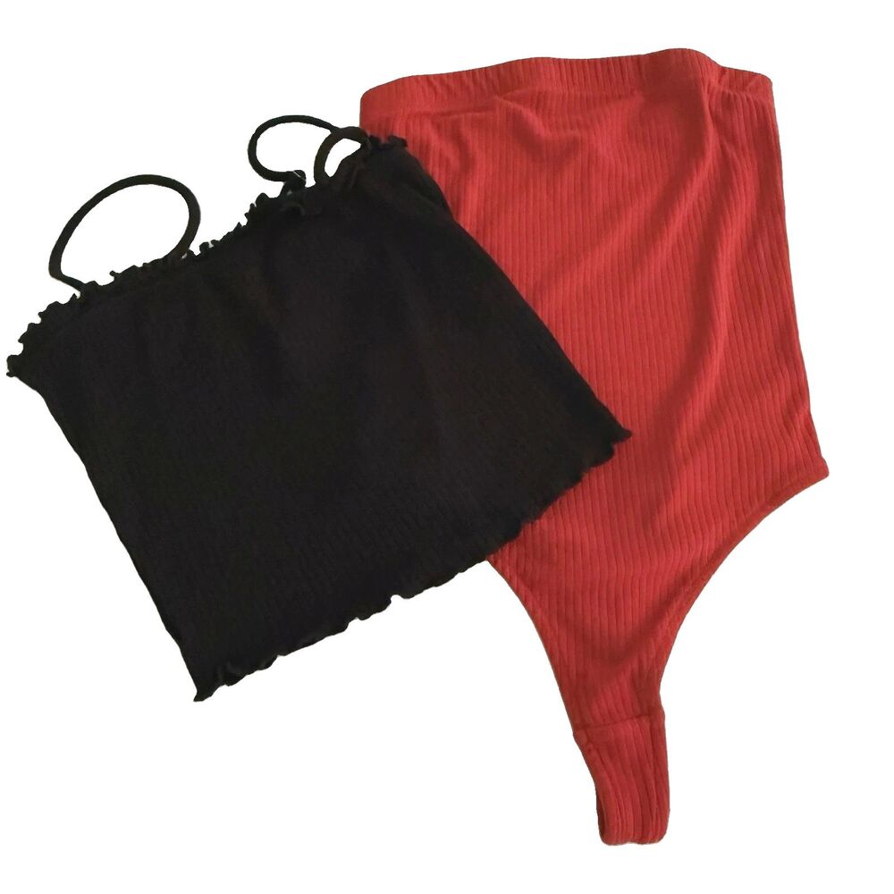 BP Red Strapless Thong Bodysuit Forever 21 Black Crop Cami Bundle Essentials XS